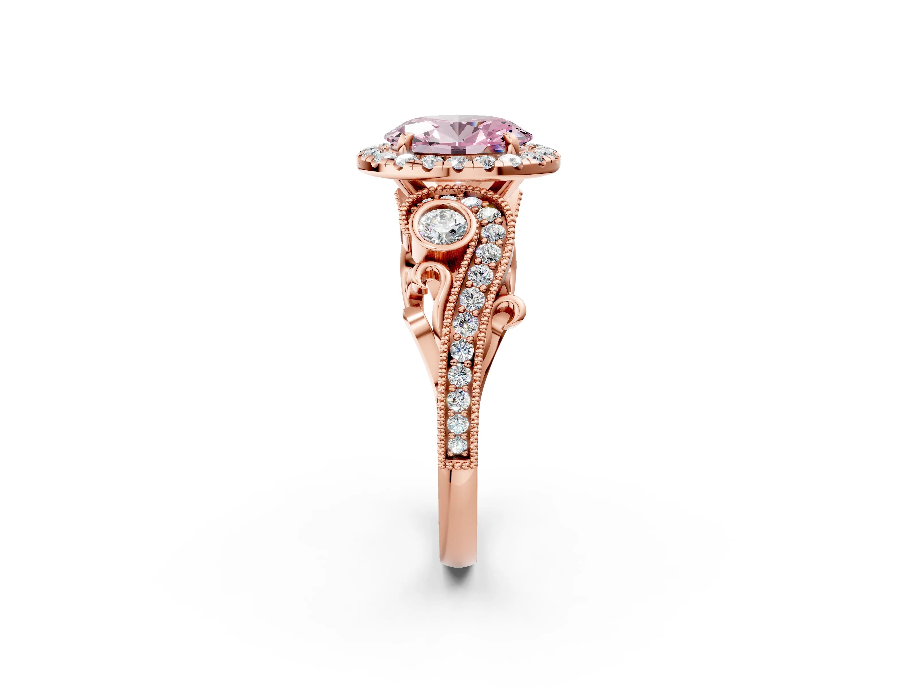 Rose gold Fancy Pink Oval Cut Halo Diamond Ring with Milgrain and Bezel Accents on a Split Shank Band_2