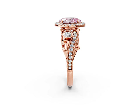 Rose gold Fancy Pink Oval Cut Halo Diamond Ring with Milgrain and Bezel Accents on a Split Shank Band_2