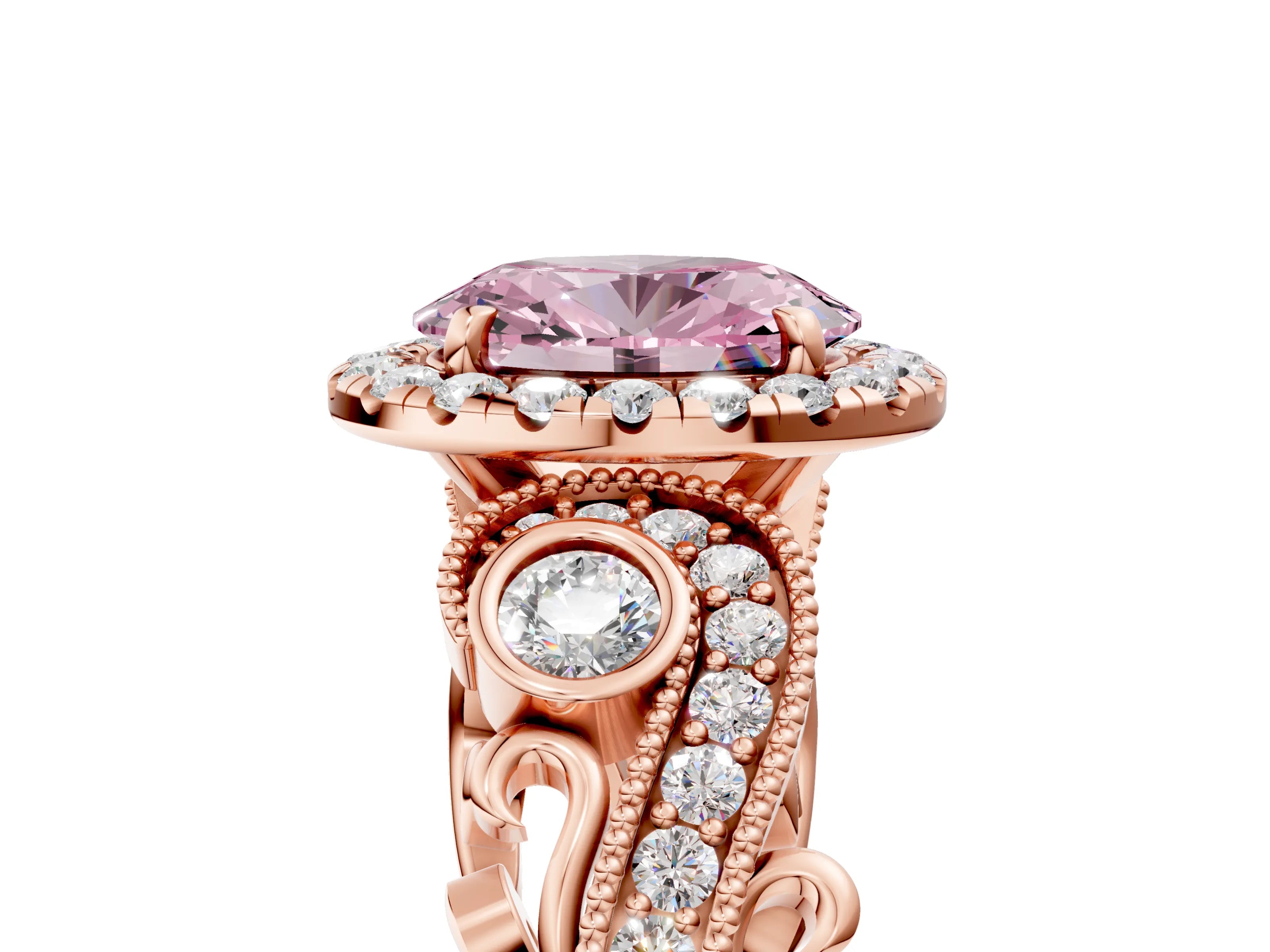 Rose gold Fancy Pink Oval Cut Halo Diamond Ring with Milgrain and Bezel Accents on a Split Shank Band_5