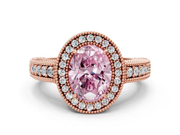 Rose gold Fancy Pink Oval  Cut Halo Diamond Ring with Pavé Band and Four-Prong Setting