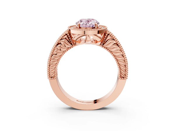 Rose gold Fancy Pink Oval  Cut Halo Diamond Ring with Pavé Band and Four-Prong Setting