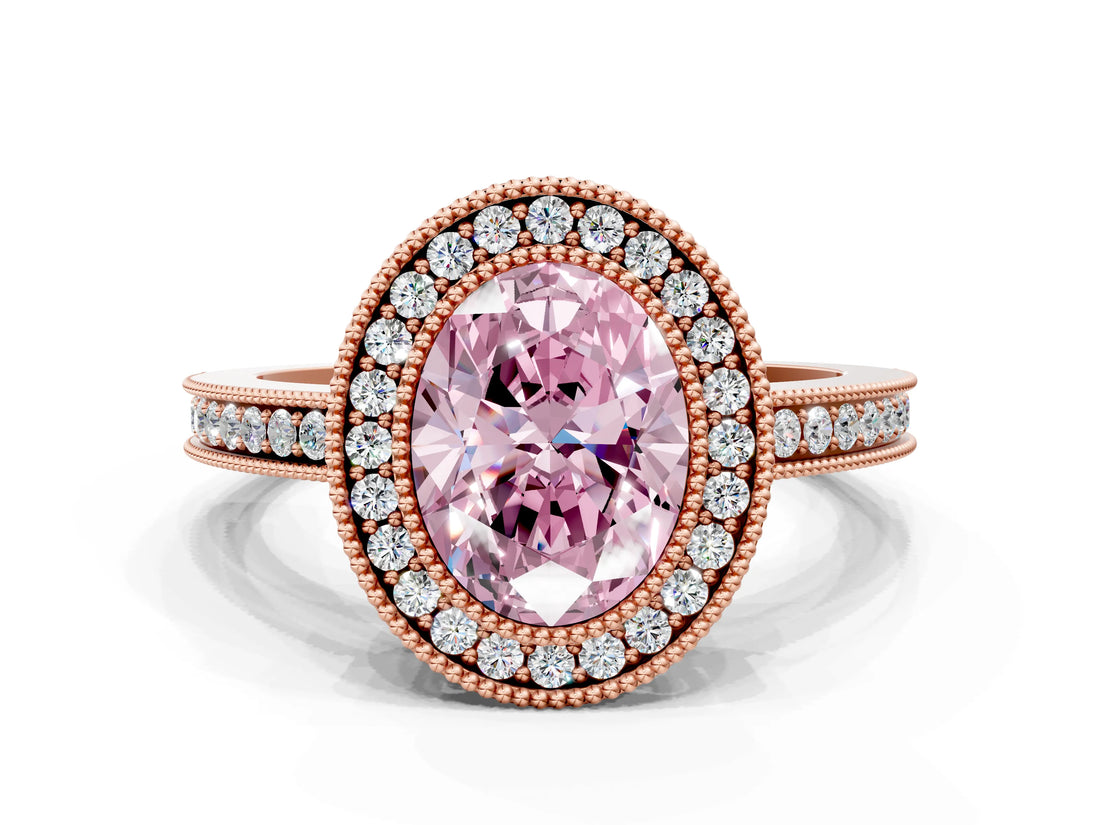 Rose gold Fancy Pink Oval  Cut Halo Diamond Ring with Pavé Band and Milgrain Prong Setting_32