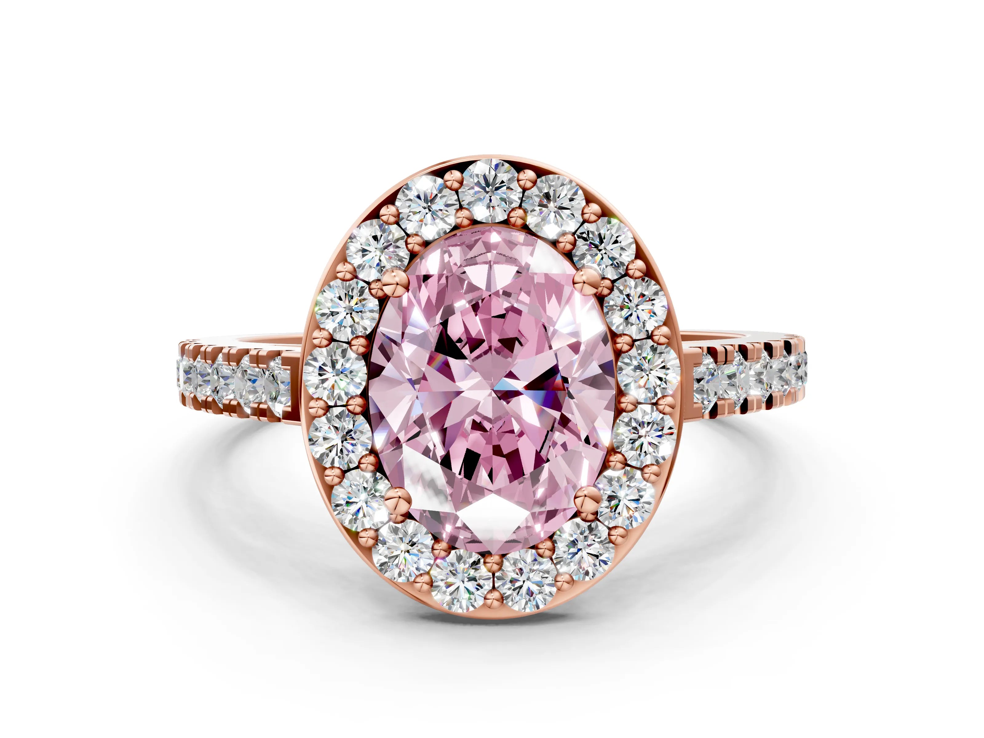 Rose gold Fancy Pink Oval Cut Halo Diamond Ring with Pavé Band and Three-Prong Setting
