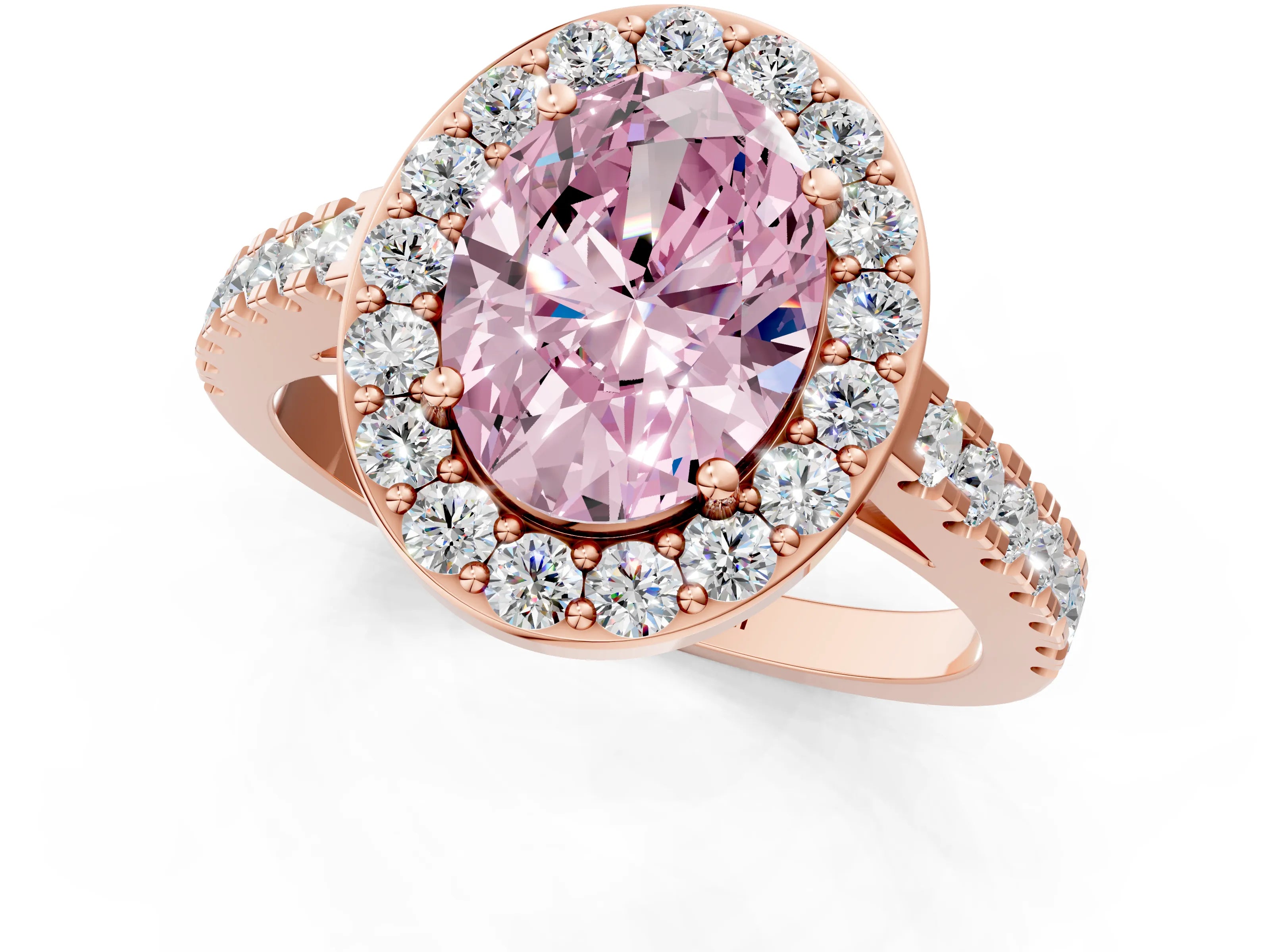 Rose gold Fancy Pink Oval Cut Halo Diamond Ring with Pavé Band and Three-Prong Setting_1
