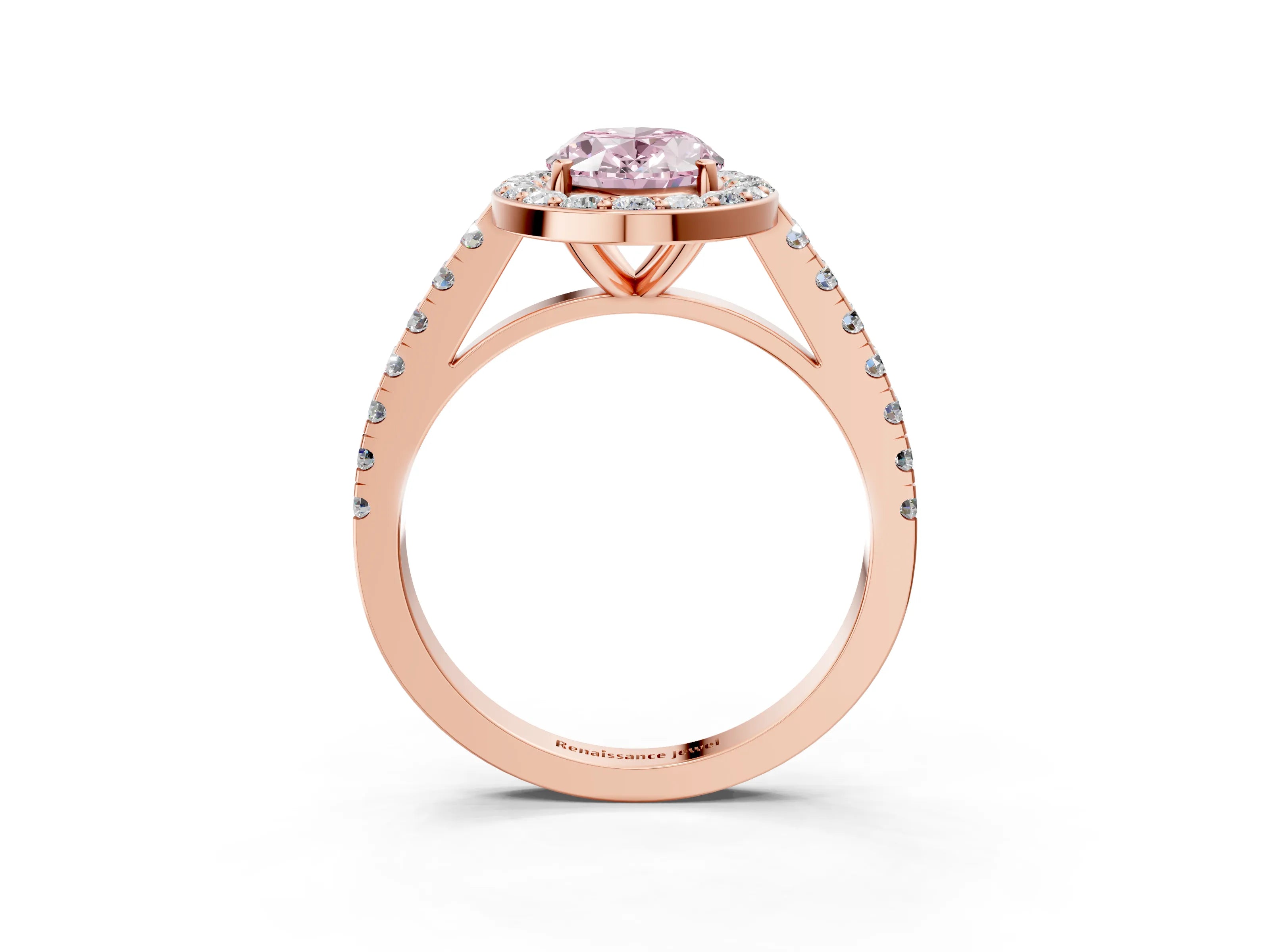 Rose gold Fancy Pink Oval Cut Halo Diamond Ring with Pavé Band and Three-Prong Setting_3