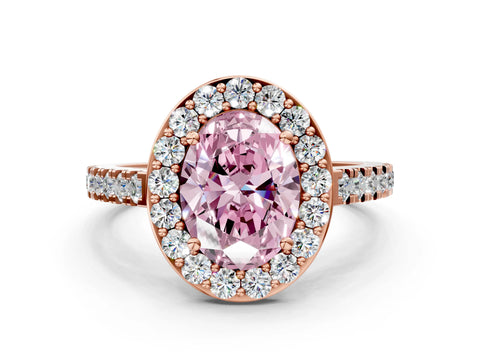Rose gold Fancy Pink Oval Cut Halo Diamond Ring with Pavé Band and Three-Prong Setting