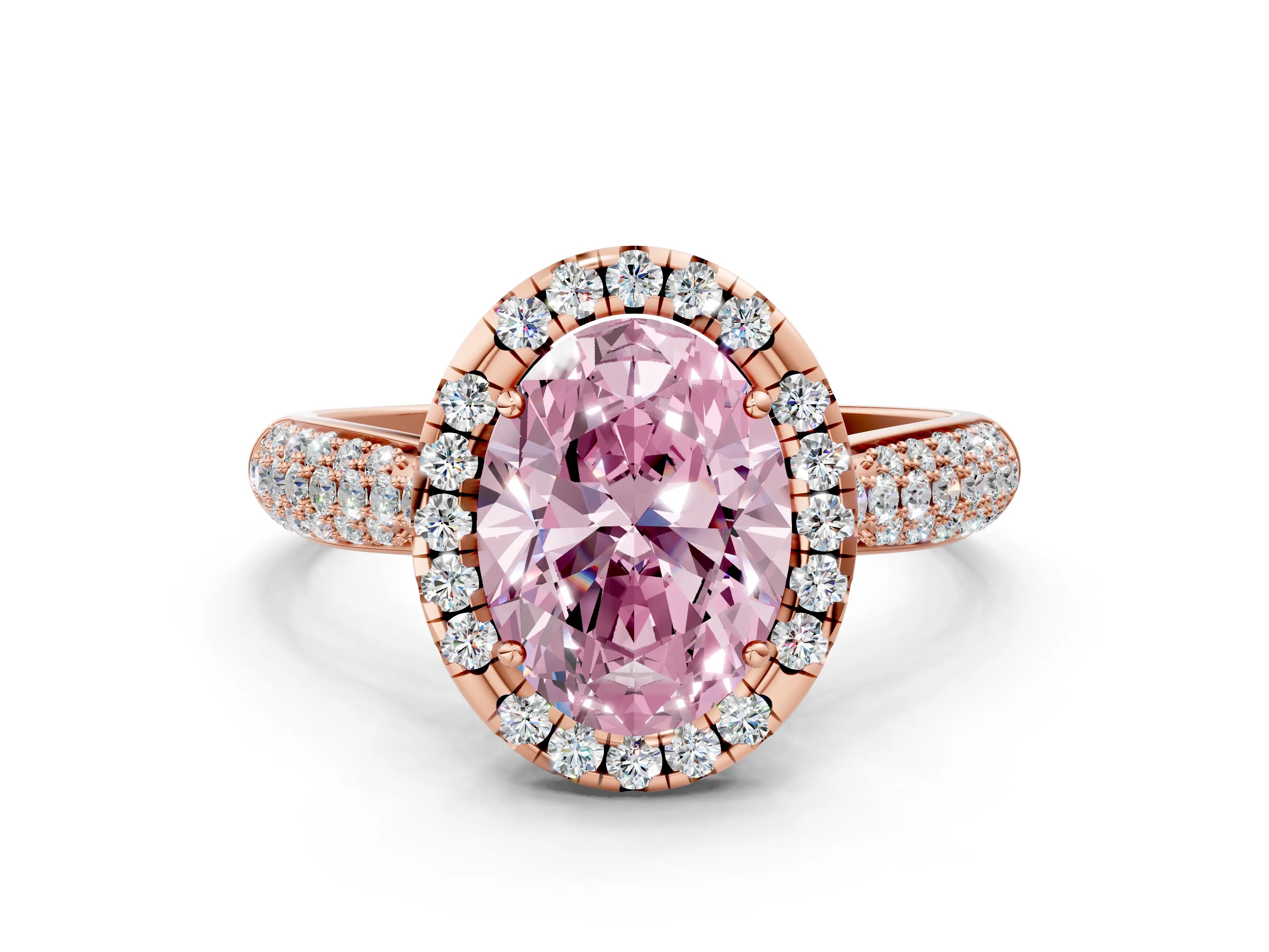 Rose gold Fancy Pink Oval Cut Halo Diamond Ring with Pavé Band
