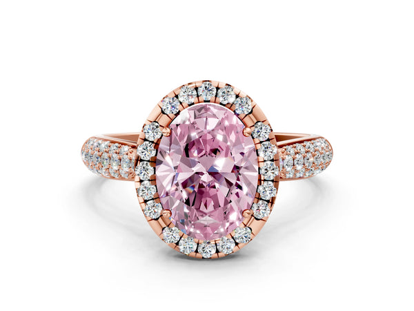 Rose gold Fancy Pink Oval Cut Halo Diamond Ring with Pavé Band