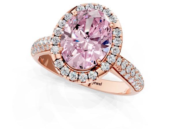 Rose gold Fancy Pink Oval Cut Halo Diamond Ring with Pavé Band