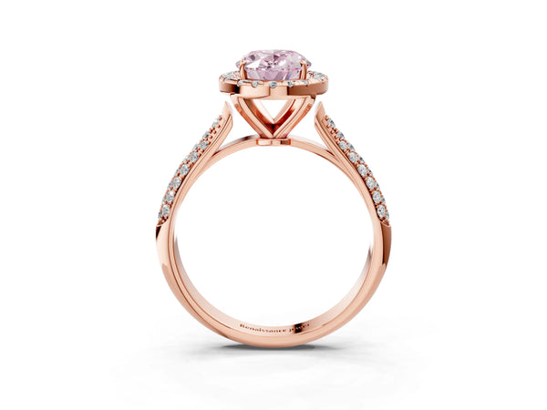 Rose gold Fancy Pink Oval Cut Halo Diamond Ring with Pavé Band