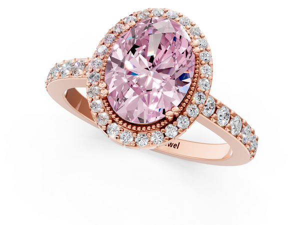Rose gold Fancy Pink Oval  Cut Diamond Halo Engagement Ring with Milgrain Detail and Pavé Band
