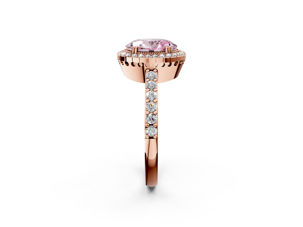 Rose gold Fancy Pink Oval  Cut Diamond Halo Engagement Ring with Milgrain Detail and Pavé Band