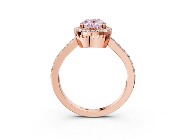 Rose gold Fancy Pink Oval  Cut Diamond Halo Engagement Ring with Milgrain Detail and Pavé Band