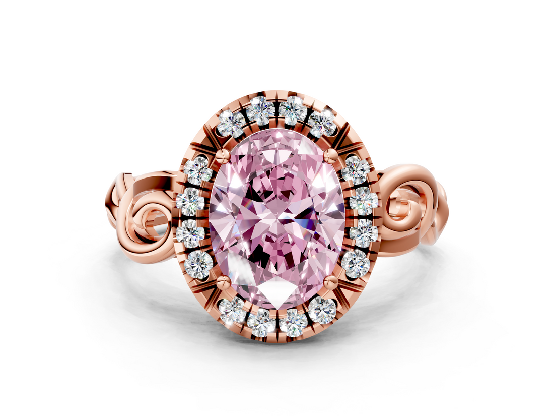 Rose gold Fancy Pink Oval  Cut Halo Diamond Ring with Scrollwork Band and Four-Prong Setting_135