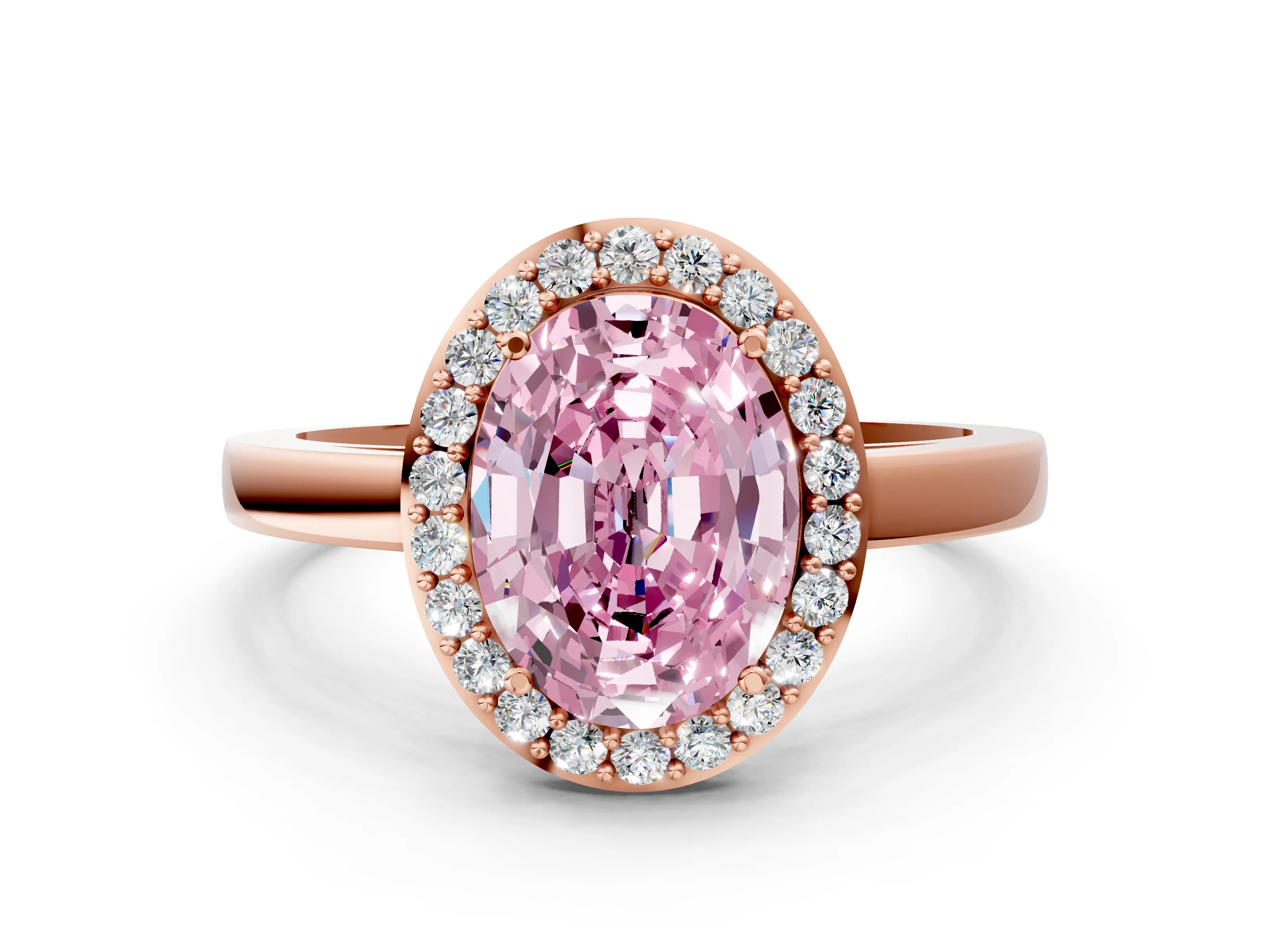 Rose gold Fancy Pink Oval Cut Halo Diamond Ring with Solitaire Band and Prong Setting