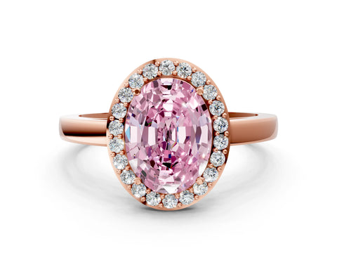 Rose gold Fancy Pink Oval Cut Halo Diamond Ring with Solitaire Band and Prong Setting