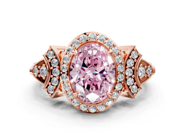 Rose Gold Oval Halo Engagement Ring Setting for Fancy Pink Center with Arched Pave