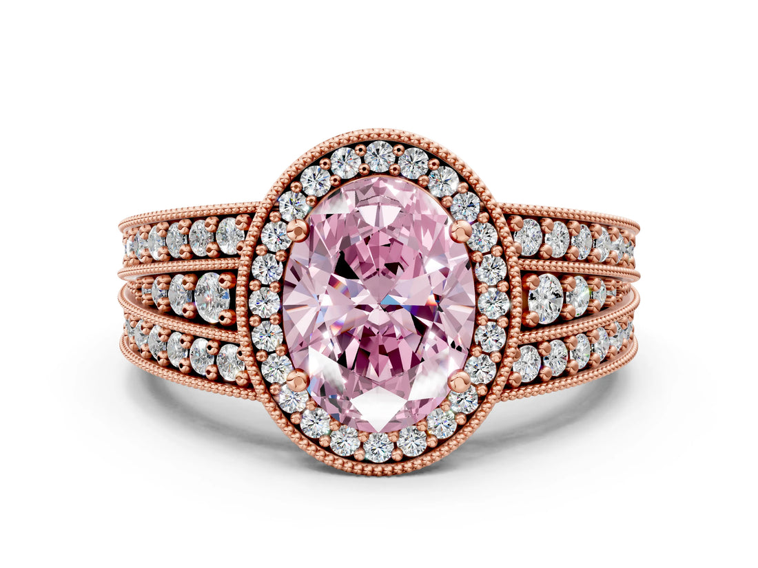 Rose gold Fancy Pink Oval Cut Halo Diamond Split Shank Ring with Prong Setting_12