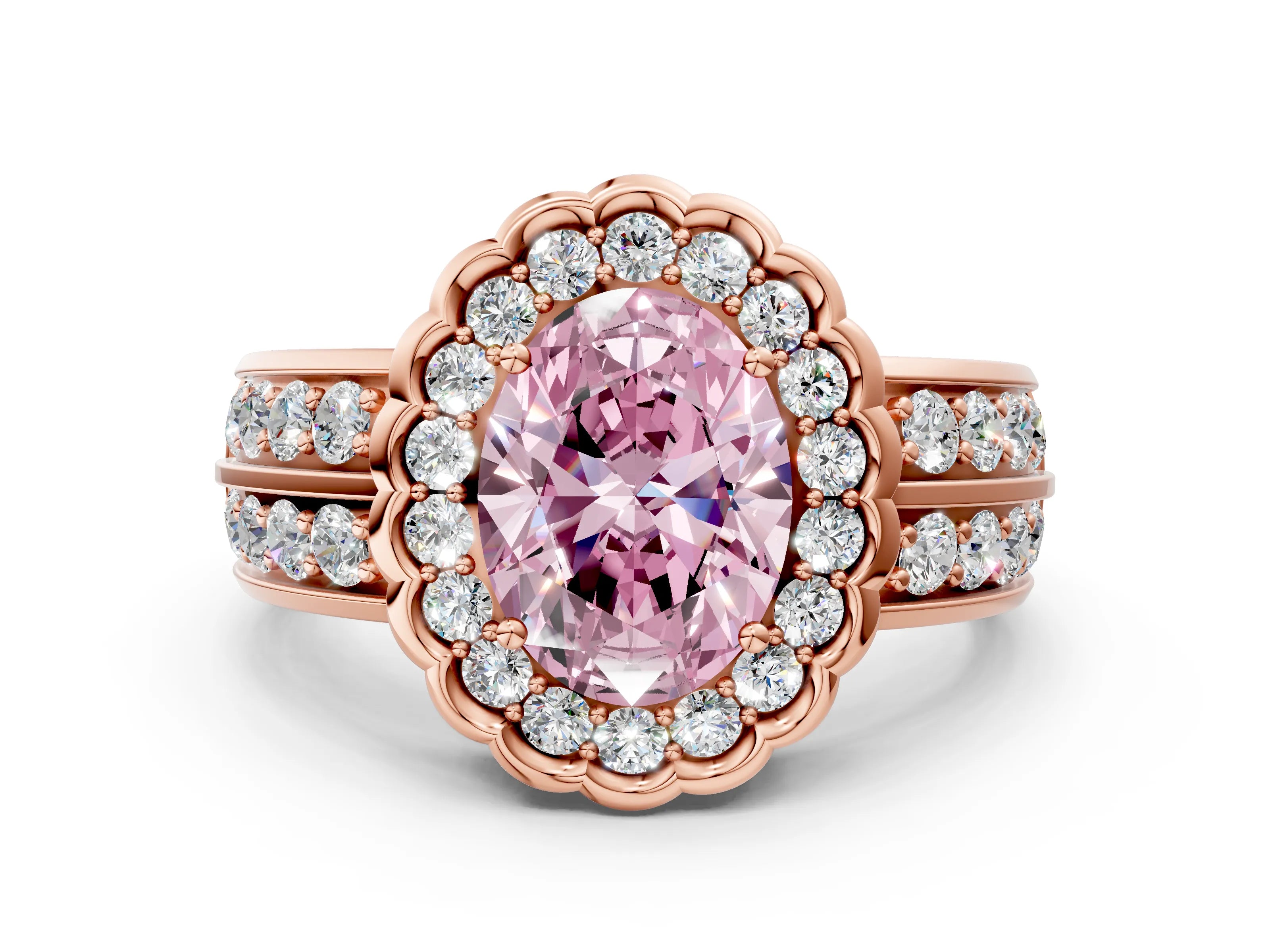 Rose gold Fancy Pink Oval Cut Halo Diamond Split Shank Ring with Scalloped Prong Setting