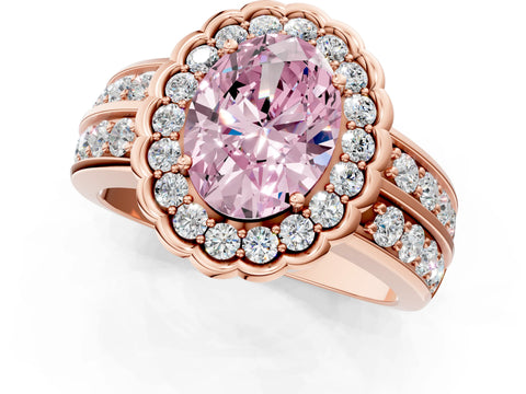 Rose gold Fancy Pink Oval Cut Halo Diamond Split Shank Ring with Scalloped Prong Setting_1