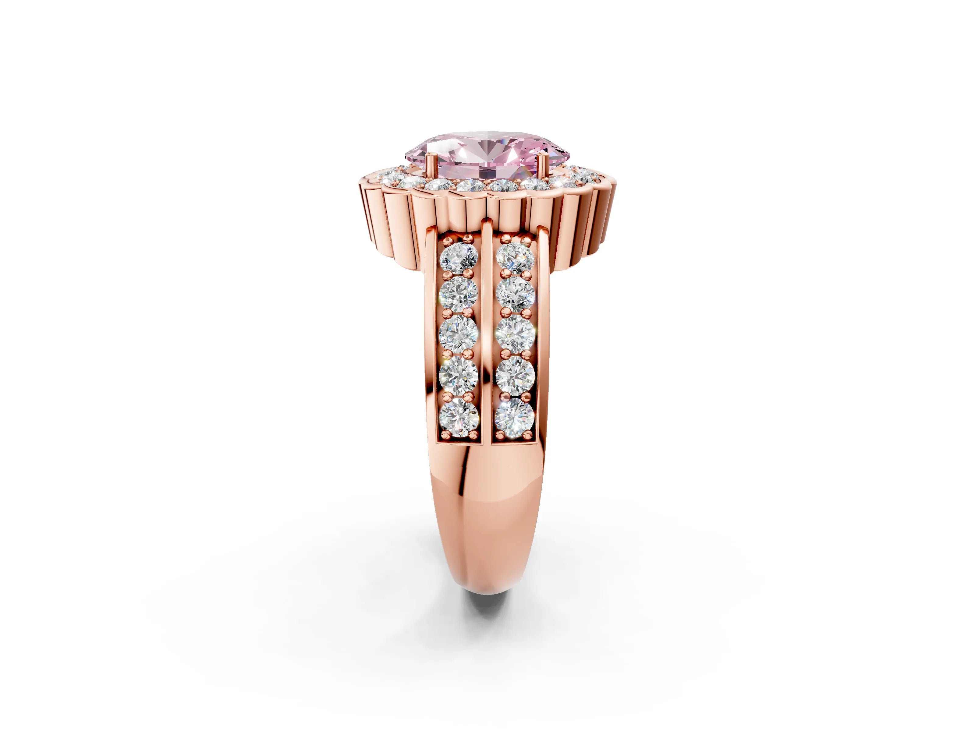 Rose gold Fancy Pink Oval Cut Halo Diamond Split Shank Ring with Scalloped Prong Setting_2