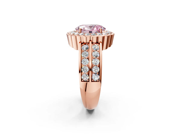 Rose gold Fancy Pink Oval Cut Halo Diamond Split Shank Ring with Scalloped Prong Setting
