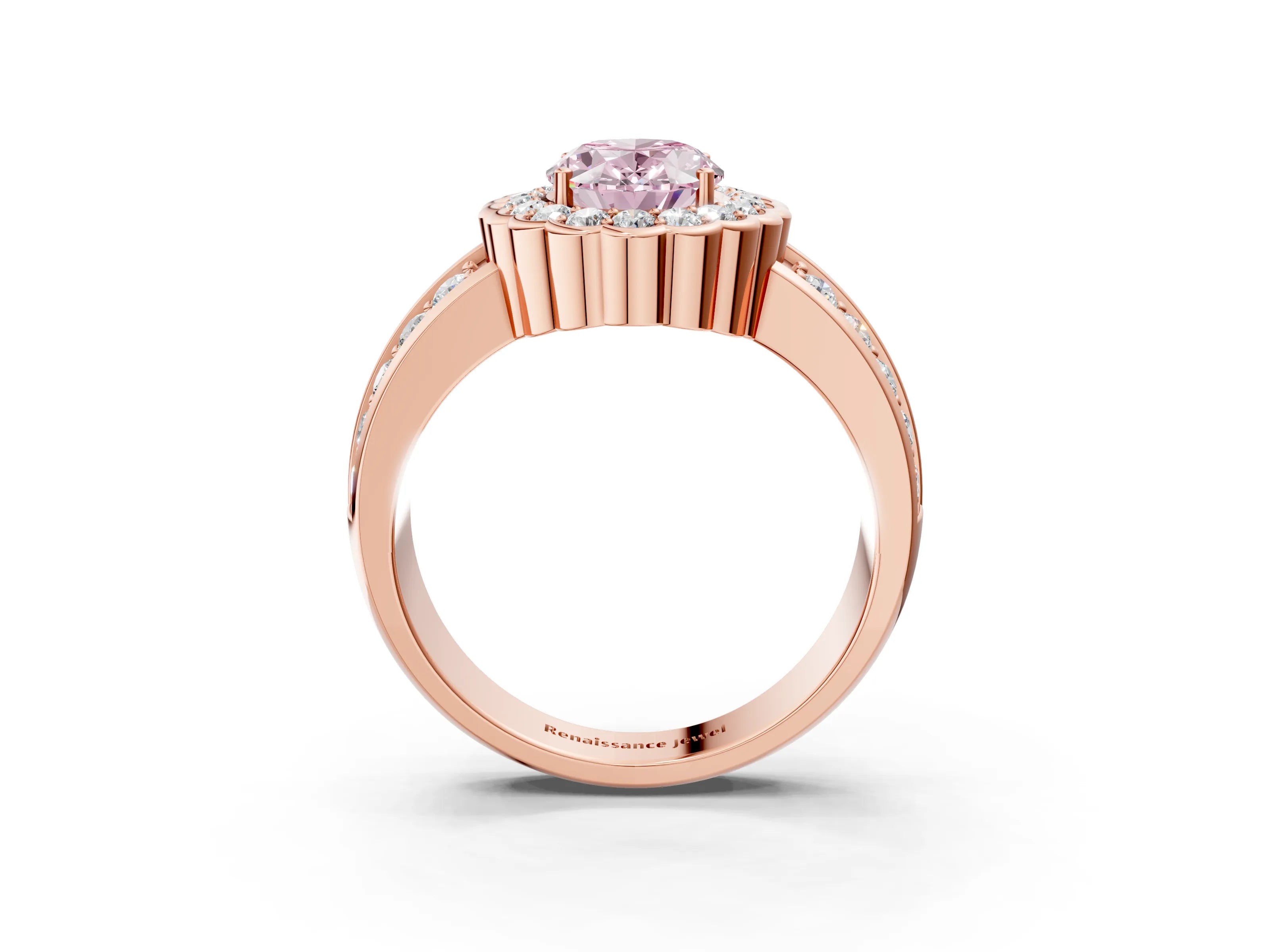 Rose gold Fancy Pink Oval Cut Halo Diamond Split Shank Ring with Scalloped Prong Setting_3