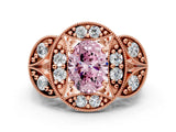 Rose gold Fancy Pink Oval Cut Halo Milgrain Diamond Engagement Ring with Leaf Band and Four-Prong Setting