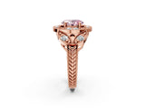 Rose gold Fancy Pink Oval Cut Halo Milgrain Diamond Engagement Ring with Leaf Band and Four-Prong Setting_2