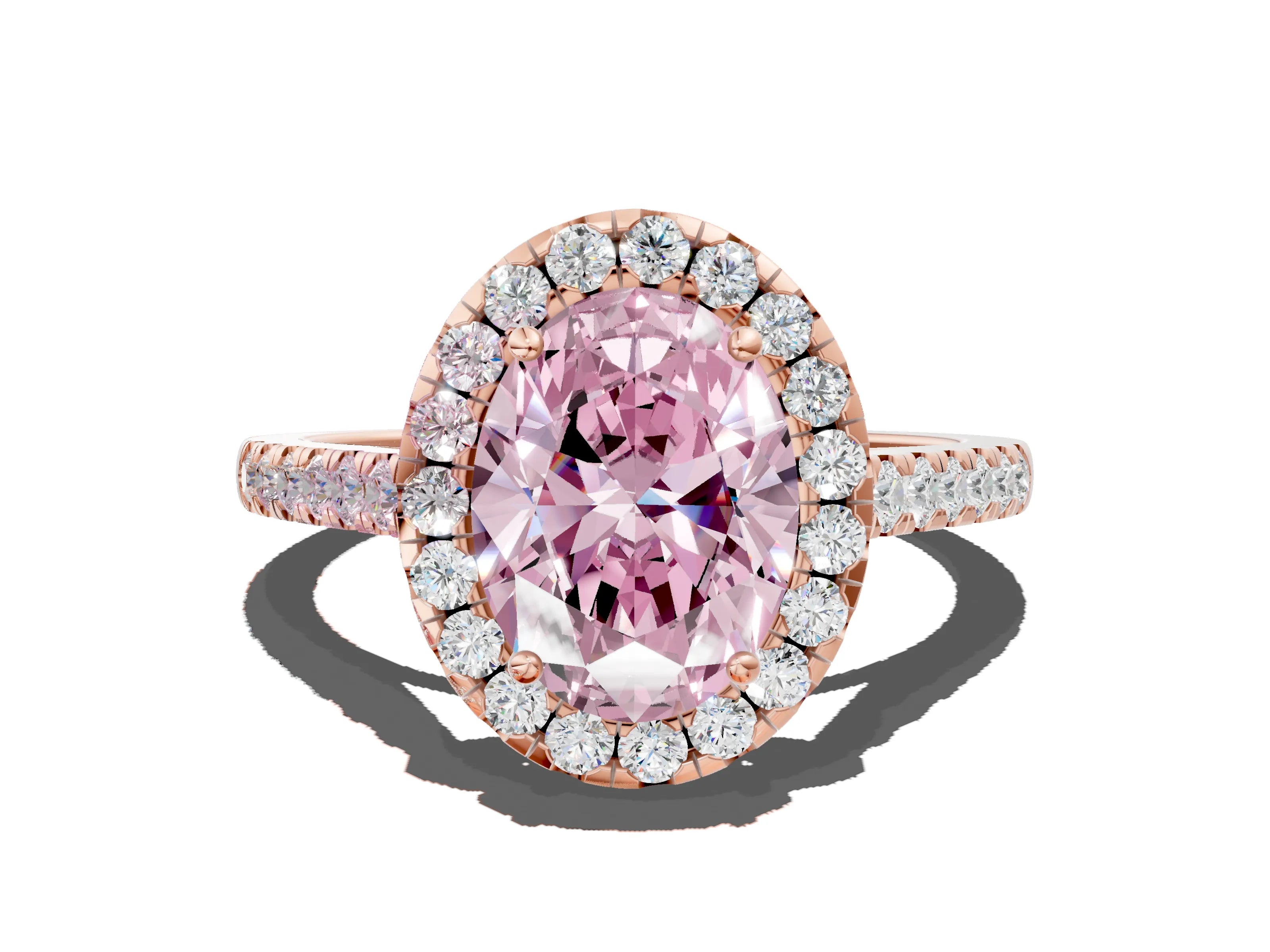 Rose gold Fancy Pink Oval Cut Halo Pave Diamond Engagement Ring with Four-Prong Setting