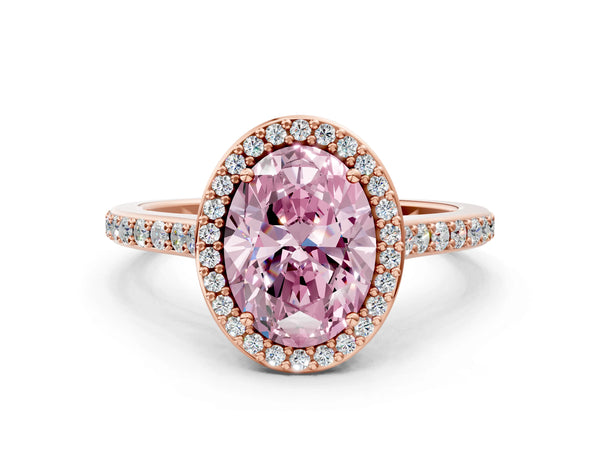 Rose gold Fancy Pink Oval Cut Halo Round Diamond Pavé Band with Four-Prong Setting