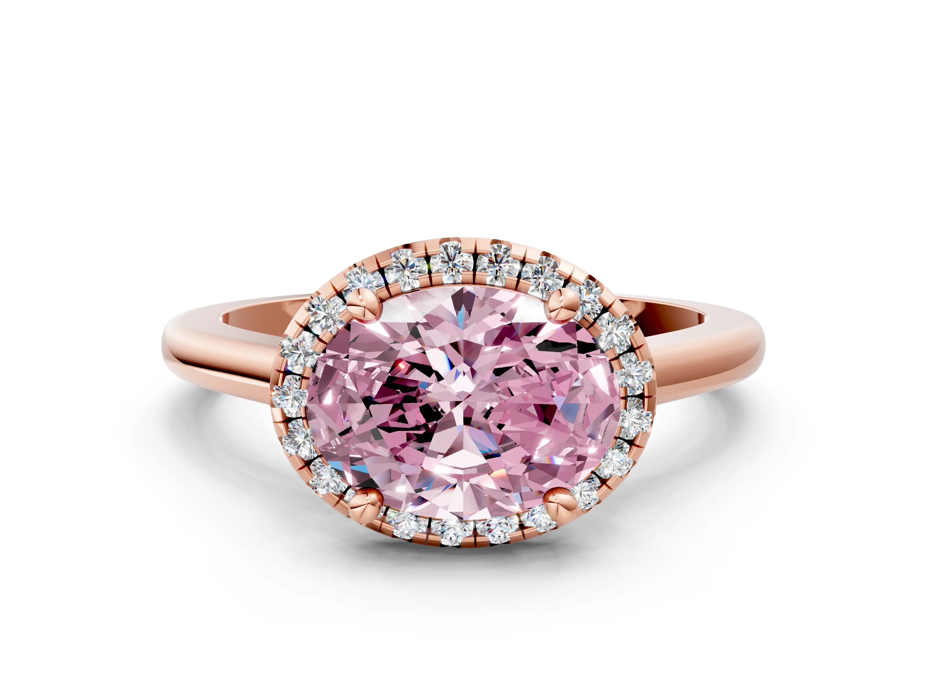 Rose gold Fancy Pink Oval Cut Halo Round Diamond Solitaire Engagement Ring with Pave Band and Four-Prong Setting_12