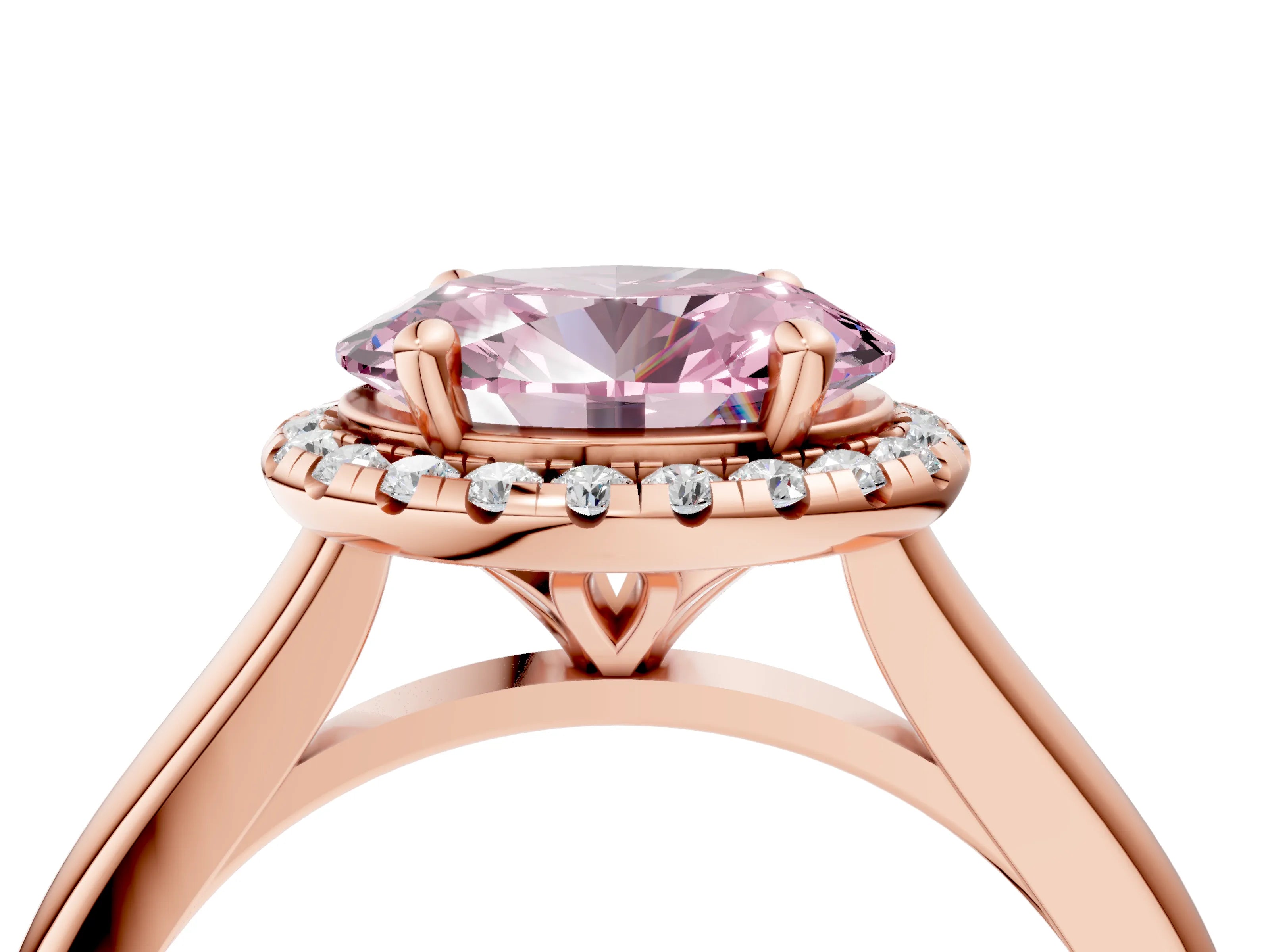 Rose gold Fancy Pink Oval Cut Halo Round Diamond Solitaire Engagement Ring with Pave Band and Four-Prong Setting_16