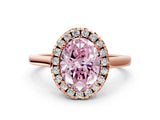 Rose gold Fancy Pink Oval Cut Halo Round Diamond Solitaire Ring with Pavé Band and Four-Prong Setting