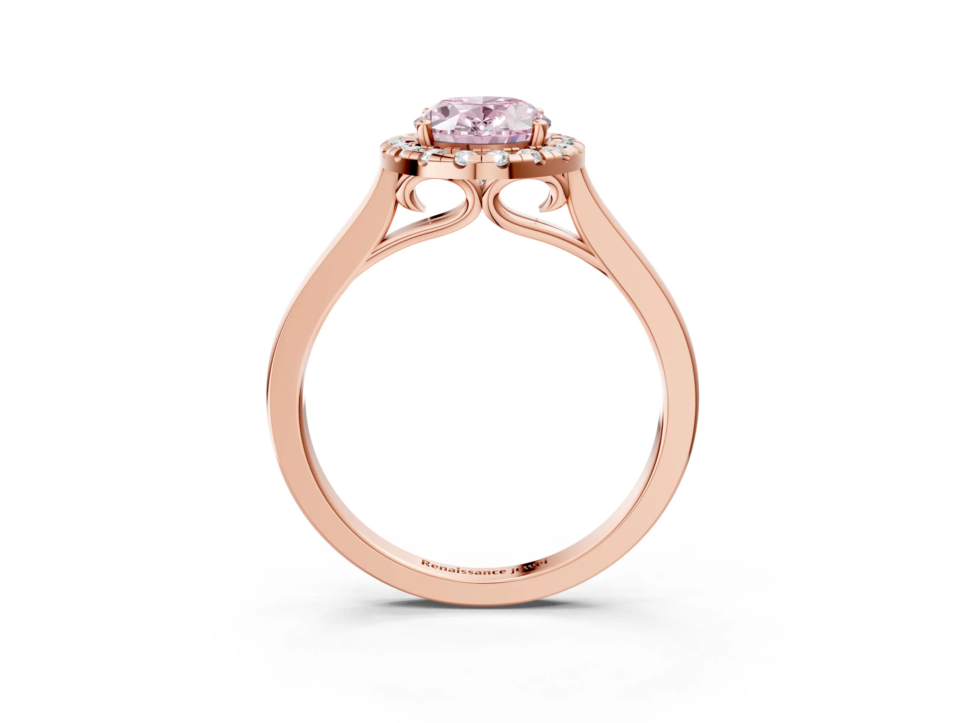 Rose gold Fancy Pink Oval Cut Halo Round Diamond Solitaire Ring with Pavé Band and Four-Prong Setting_3