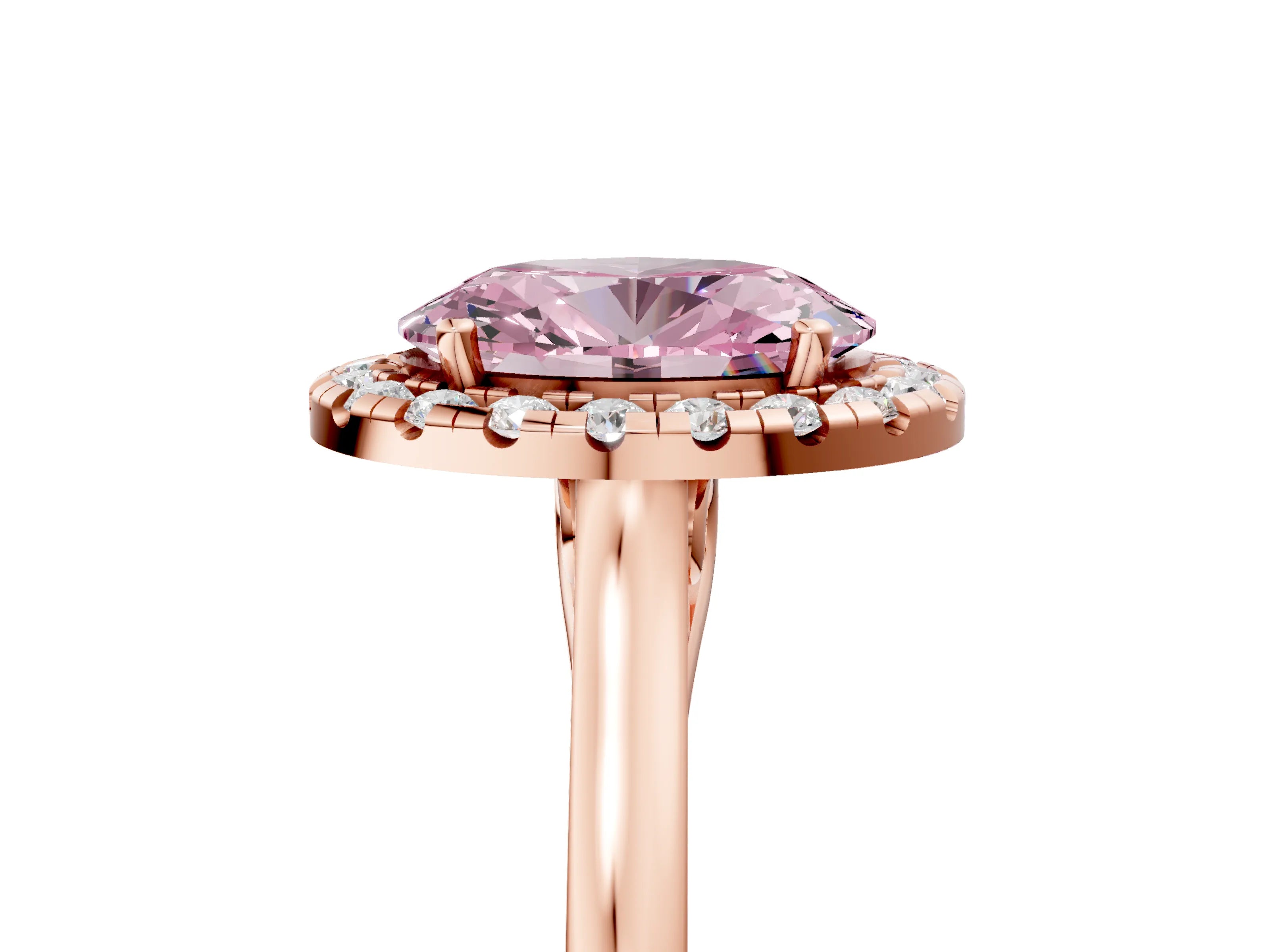Rose gold Fancy Pink Oval Cut Halo Round Diamond Solitaire Ring with Pavé Band and Four-Prong Setting_5