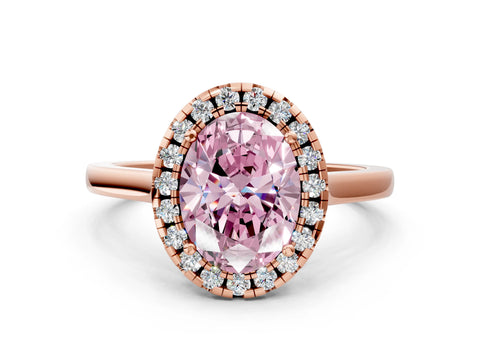 Rose gold Fancy Pink Oval Cut Halo Round Diamond Solitaire Ring with Pavé Band and Four-Prong Setting