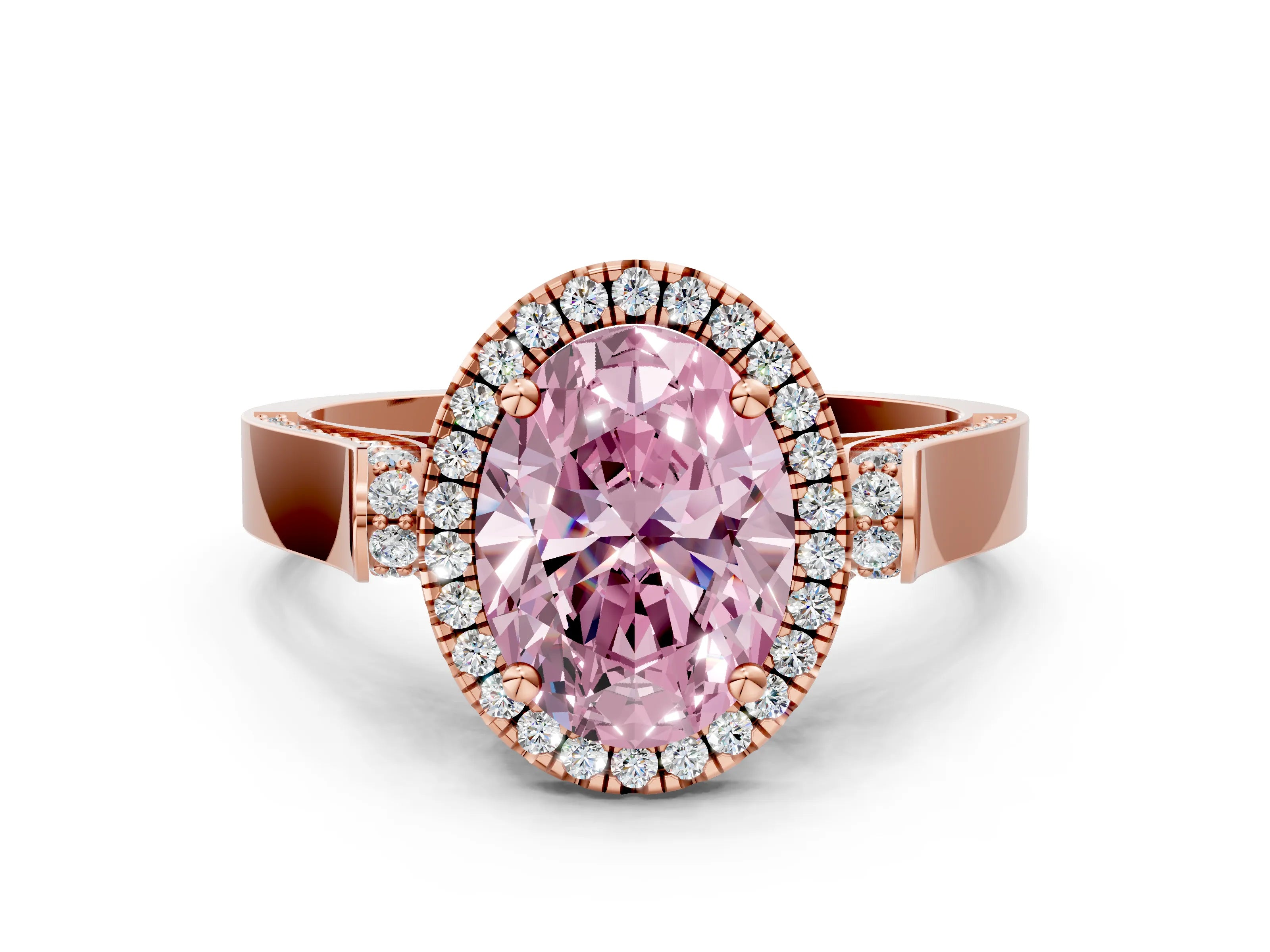 Rose gold Fancy Pink Oval Cut Halo Round Diamond Twist Band with Four-Prong Setting
