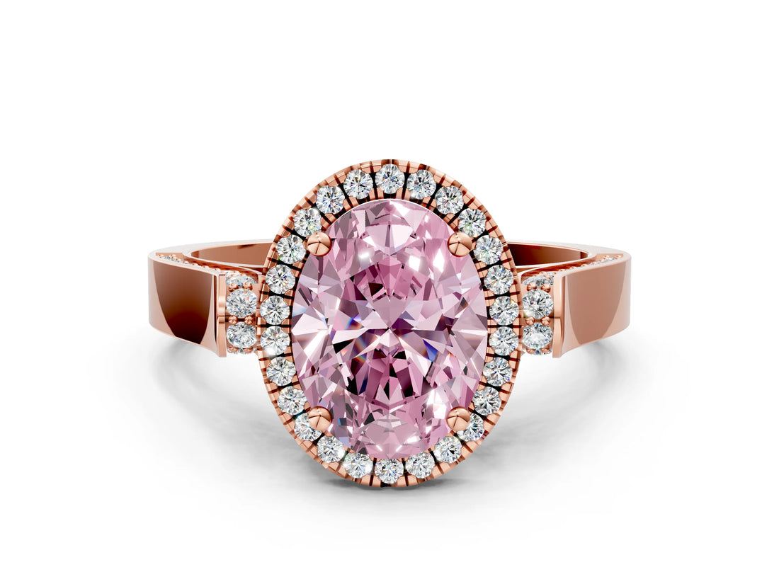 Rose gold Fancy Pink Oval Cut Halo Round Diamond Twist Band with Four-Prong Setting
