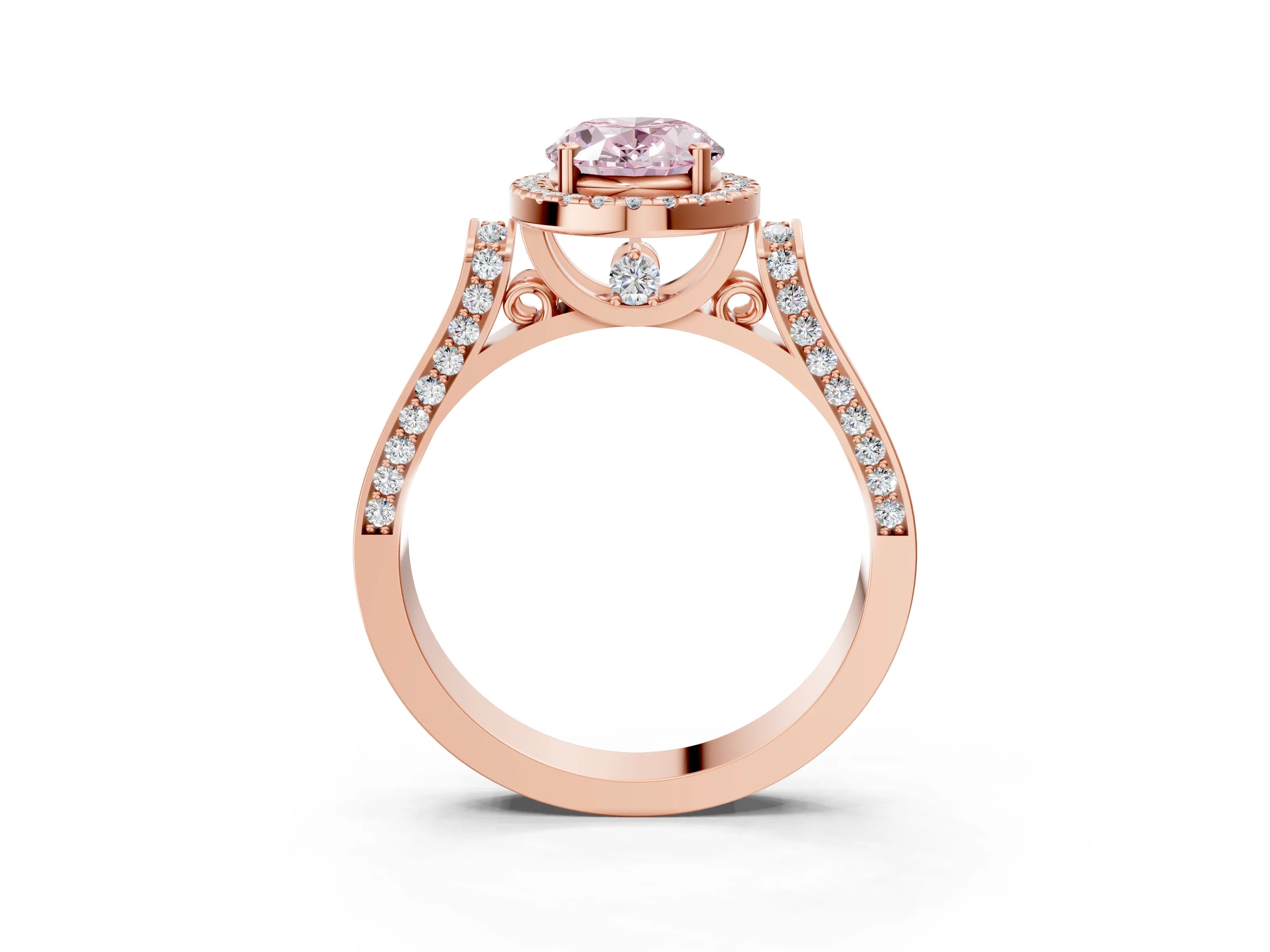 Rose gold Fancy Pink Oval Cut Halo Round Diamond Twist Band with Four-Prong Setting_3