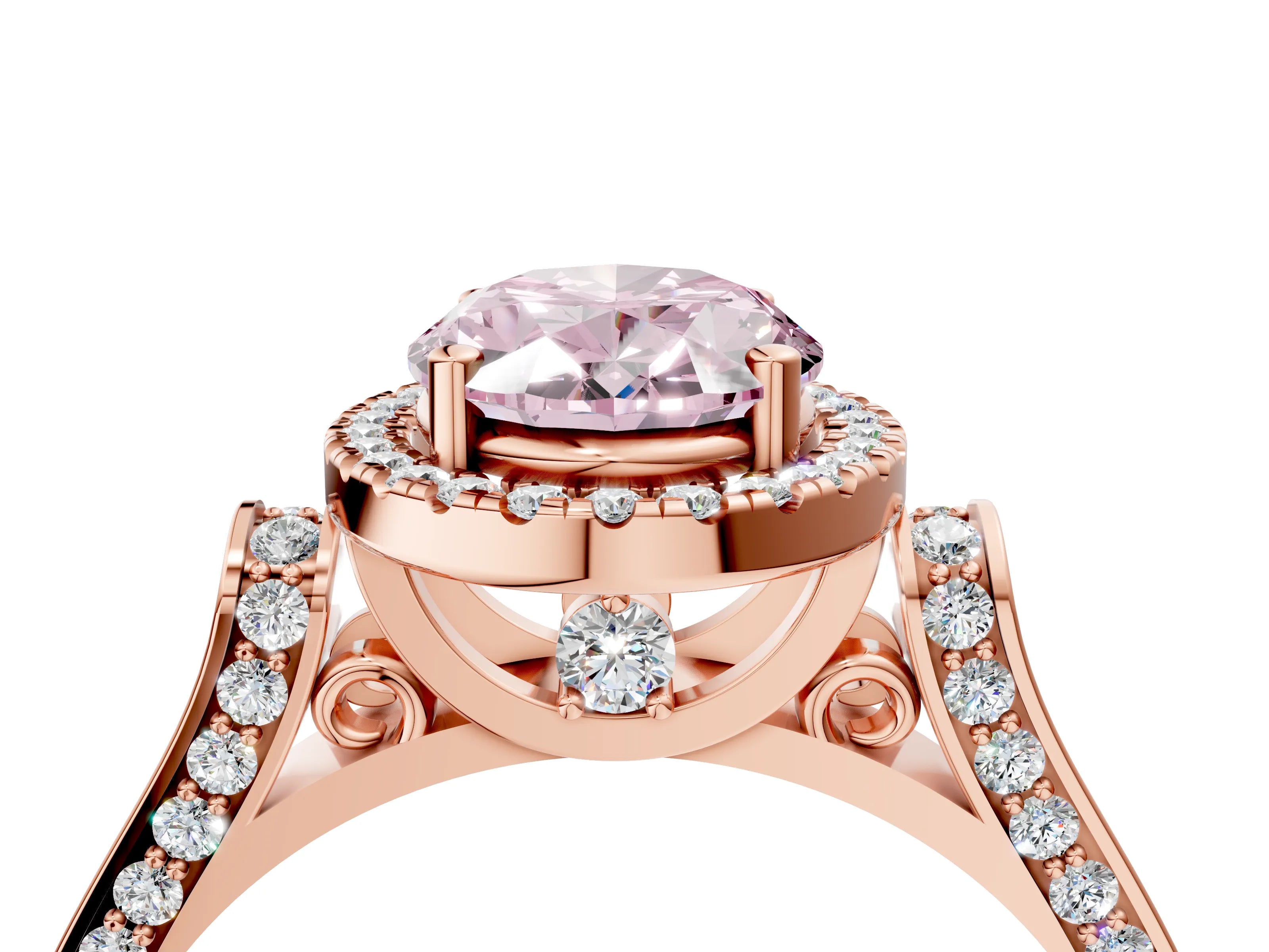 Rose gold Fancy Pink Oval Cut Halo Round Diamond Twist Band with Four-Prong Setting_4