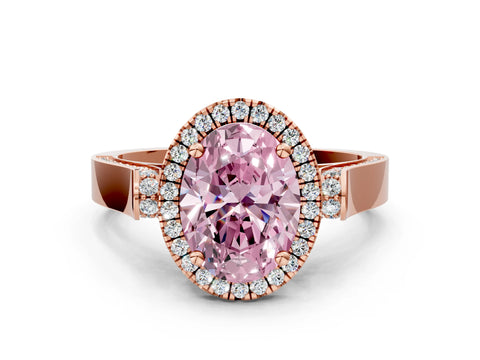 Rose gold Fancy Pink Oval Cut Halo Round Diamond Twist Band with Four-Prong Setting