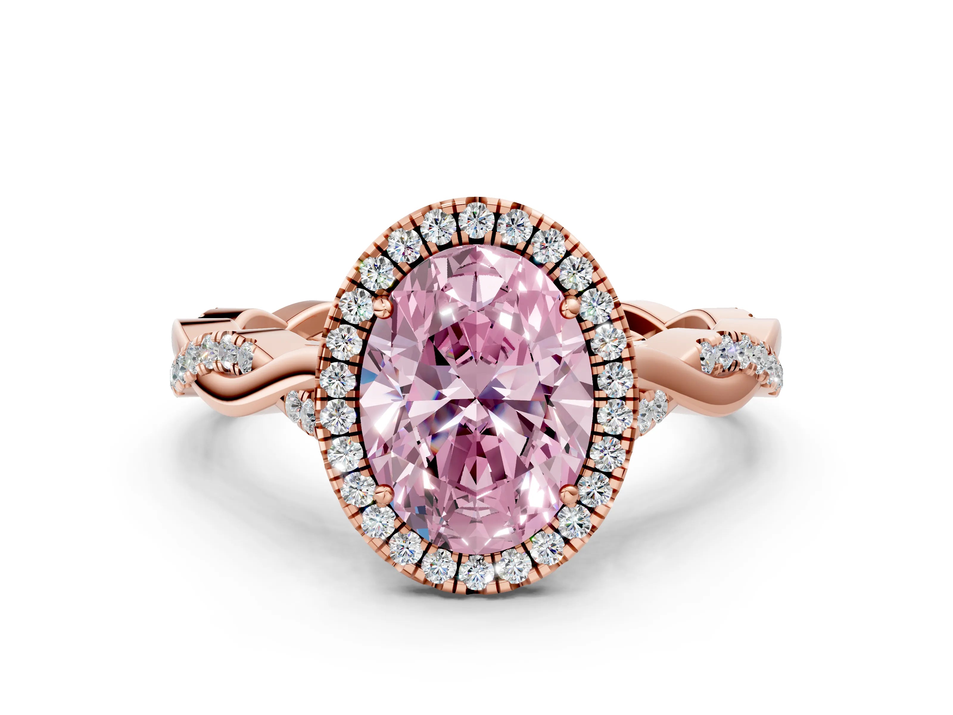 Rose gold Fancy Pink Oval Cut Halo Twist Band with Four-Prong Setting