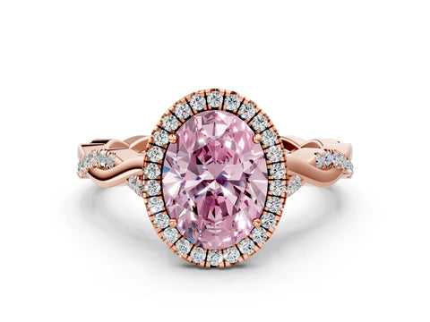 Rose gold Fancy Pink Oval Cut Halo Twist Band with Four-Prong Setting