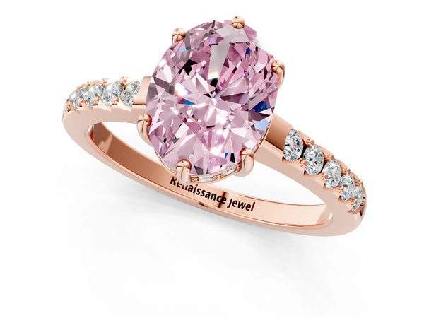 Rose gold Fancy Pink Oval Cut Solitaire Diamond Engagement Ring with Pavé Band and Six-Prong Setting