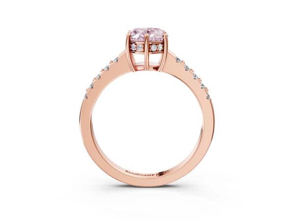 Rose gold Fancy Pink Oval Cut Solitaire Diamond Engagement Ring with Pavé Band and Six-Prong Setting