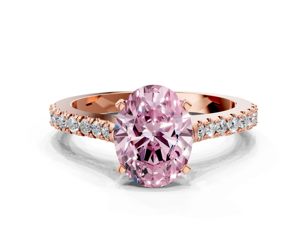 Rose gold Fancy Pink Oval  Cut Solitaire Diamond Engagement Ring with Pave Band and Four-Prong Setting