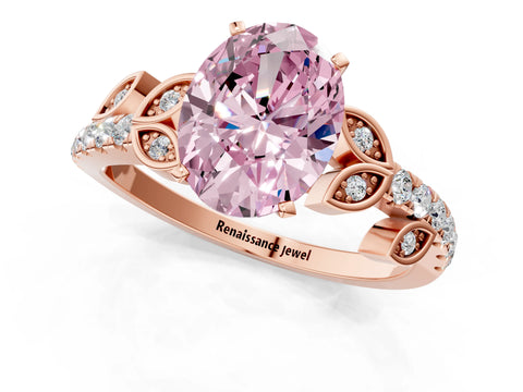 Rose gold Fancy Pink Oval Cut Solitaire Leaf-Inspired Diamond Ring with Pavé Band and Four-Prong Setting_1