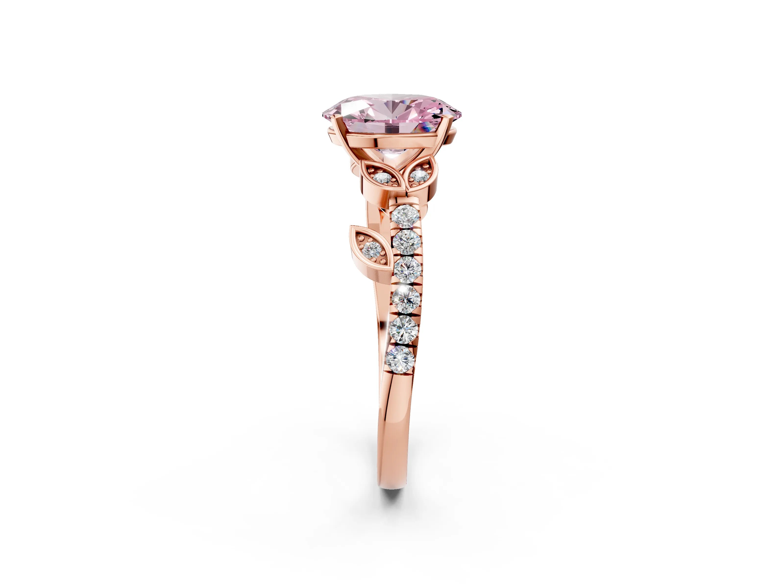 Rose gold Fancy Pink Oval Cut Solitaire Leaf-Inspired Diamond Ring with Pavé Band and Four-Prong Setting_2