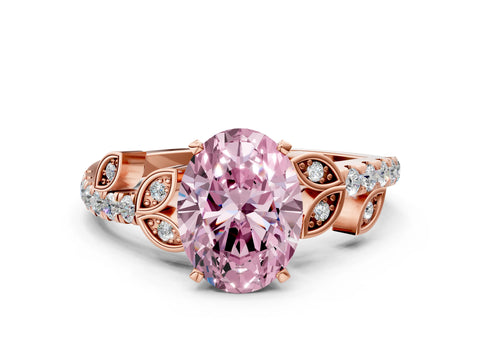 Rose gold Fancy Pink Oval Cut Solitaire Leaf-Inspired Diamond Ring with Pavé Band and Four-Prong Setting